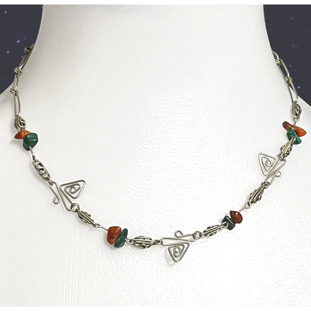 VTG Handmade Necklace Silver Tone Wire Link Nugget Stone Collar Choker 16.5"